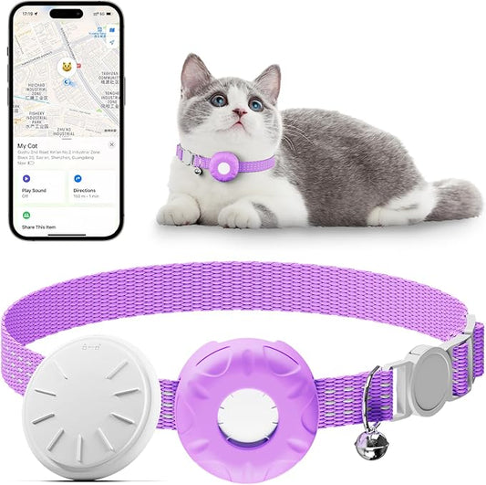 Cat GPS Tracker, Cat Tracker Collar with Safety Elastic Buckle, GPS Tracker Compatible with Apple Find My App (Only iOS), No Monthly Fee, Purple