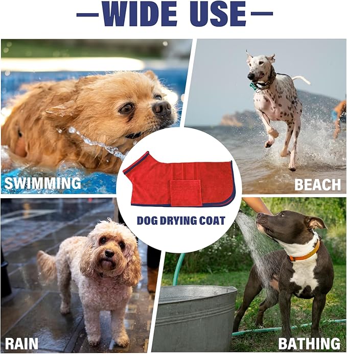 Dog Drying Coat - Fast Drying Dog Towel Robe - Microfiber Super Absorbent Pet Bathrobe, Adjustable Collar & Belly Strap Fast Drying Bath Robe Towel (Small, Red)