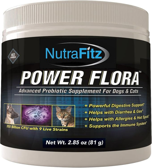 Power Flora - Probiotics for Dogs and Cats with 9 Live Strains - Dog Probiotics Improves Dog Breath, UTI, Diarrhea, Constipation, Skin Allergy, Hot Spots - Odorless Powder - 350 Billion CFU/jar