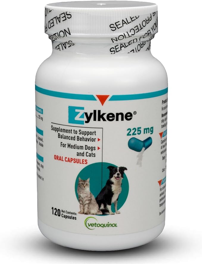 Vetoquinol Zylkene Calming Support Supplement for Medium Dogs 33-65lbs Helps Promote Relaxation and Reduce External Stress Factors, Daily Behavioral Support and Anxiety Relief for Dogs, 225mg