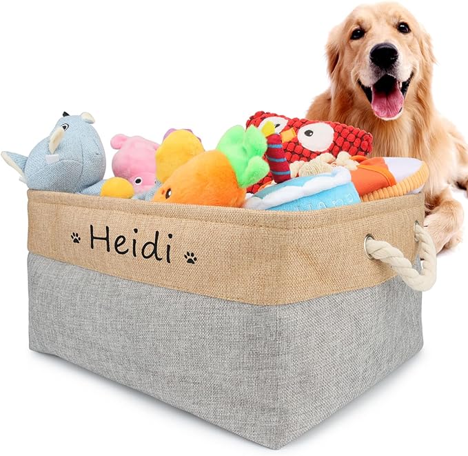 Dog Toy Box Storage Basket Bin with Personalized Custom Pet's Name Collapsible Rectangular Storage Bag For Organizing Dogs cat Clothes，Shoes，Pet Accessories (Gray, L)