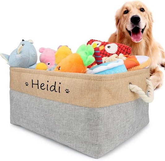Dog Toy Box Storage Basket Bin with Personalized Custom Pet's Name Collapsible Rectangular Storage Bag For Organizing Dogs cat Clothes，Shoes，Pet Accessories (Gray, L)