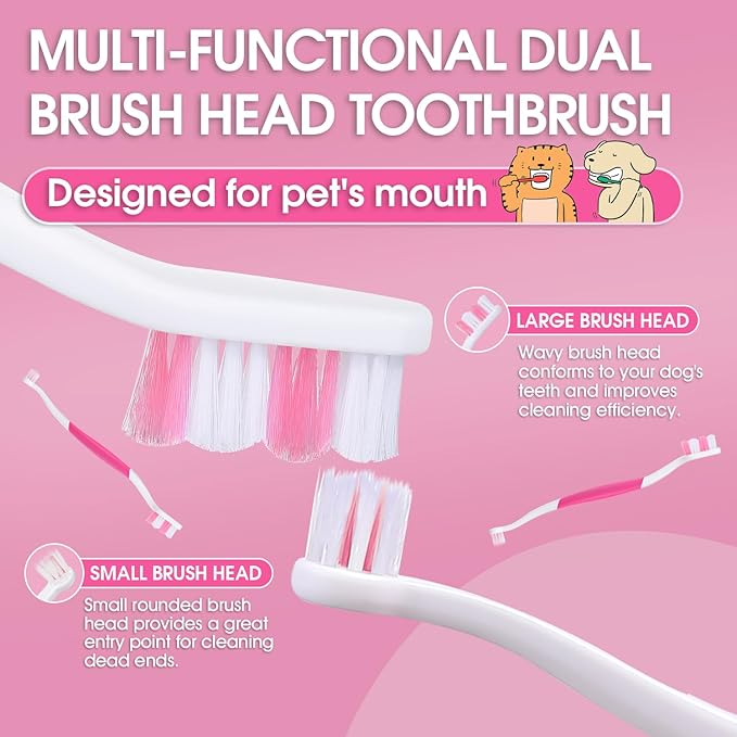 Dog Toothbrush – Newly Upgraded Dual-Head Design with 60° Wavy Bristles – Gently Surrounds Teeth for Deep Cleaning and Plaque Removal – Non-Slip Handle, Ideal for Daily Pet Dental Care (Pink, 6-Pack)