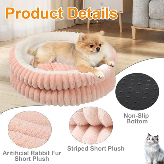 Cat Beds for Indoor Cats,Washable Round Donut Dog Bed,Fluffy Puppy Dogs Beds for Small Dogs with Anti-Slip Bottom (Pink, S)