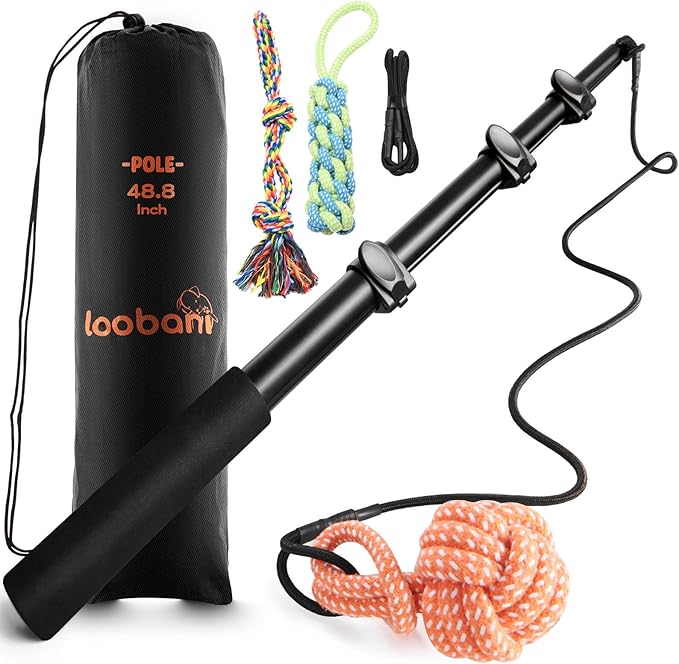 LOOBANI Flirt Pole for Dogs - Chase & Tug of War, Extendable Teaser Wand with Detachable Toys for Medium Dogs Training & Exercise, 48.8in