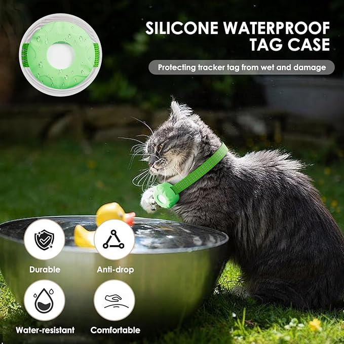 Smart Cat GPS Tracker, Cat Tracker Collar with Safety Elastic Buckle, Compatible with Apple Find My App (Only iOS), No Monthly Fee, Waterproof (White Tracker, Green Cat Collar)