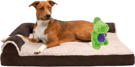 FurHaven Orthopedic Dog Bed & goDog Toy - Squeaky Plush Dino with Chew Guard Technology for Large Dogs - Two-Tone Plush Faux Fur & Suede L Shaped Chaise - Espresso, Jumbo/XL