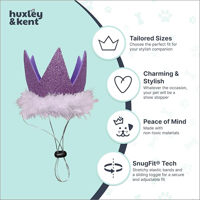 Huxley & Kent Pet Party Crown Hat for Dogs & Cats - Comfortable SnugFit Adjustable Straps - Glitter Crown for Parties, Gotcha Days & Celebrations - Purple, Small