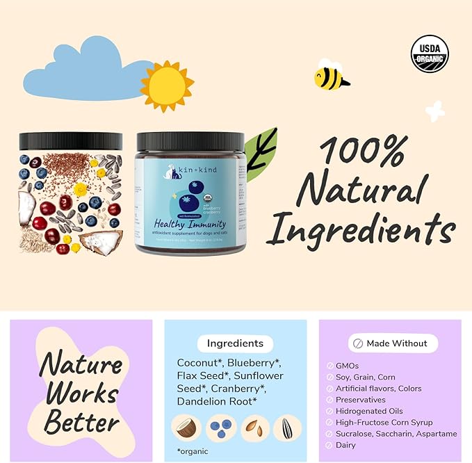 kin+kind Pet Vitamins and Supplements - Immune Support Supplement for Dogs & Cats - Natural Dog Supplements & Cat Supplements w/Organic Ingredients for Healthy Immunity - Made in USA - 3x8 oz Large