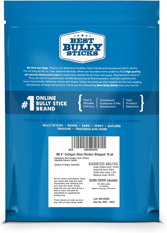 Best Bully Sticks Chicken Wrapped Beef Collagen Sticks - 6 Inch 10 Count (Pack of 1) - All-Natural, USA Baked and Packed, Easily Digestible, Limited Ingredient, Rawhide Alternative