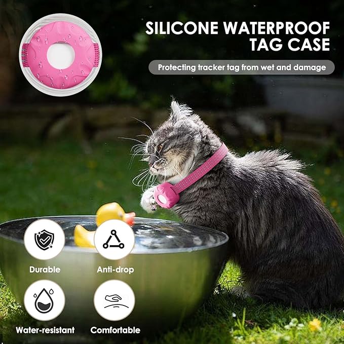 Cat GPS Tracker, Cat Tracker Compatible with Apple Find My App (Only iOS), No Monthly Fee, Waterproof, Breakaway Collar Included, Up to 1 Year Battery (White Tracker, Pink Cat Collar)