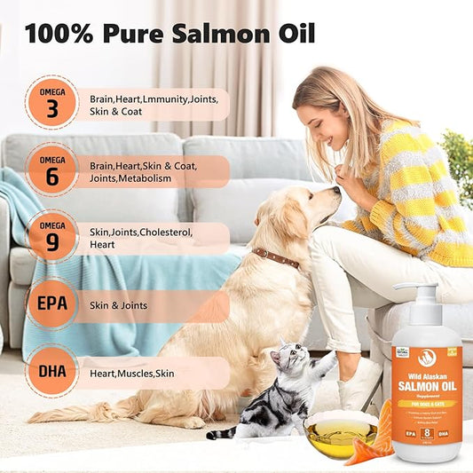 Wild Salmon Oil for Dogs & Cats 8oz Omega 3 Fish Oil Skin & Coat Supplement Pure Fish Omega 3 6 9 Liquid EPA DHA Fatty Acids - Itchy Relief Supports Joint Function, Brain, Eye, Immune & Heart Health