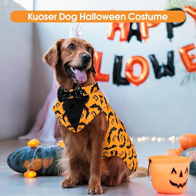 Kuoser Dog Tuxedo Suit and Bandana Set, Bat Pumpkin Print Dogs Halloween Outfit Adjustable Dog Halloween Costume with Bow Tie for Large Medium Small Dogs Golden Retriever Samo Bulldogs, Orange 2XL