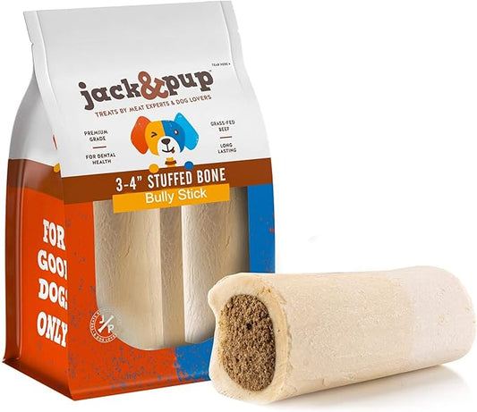 Jack&Pup 3-4" Filled Dog Bones for Small and Large Dogs, Flavored Shin Dog Bones Long Lasting, Stuffed Bone for Dogs, High Protein, Bully Stick Flavor - 4 Pack