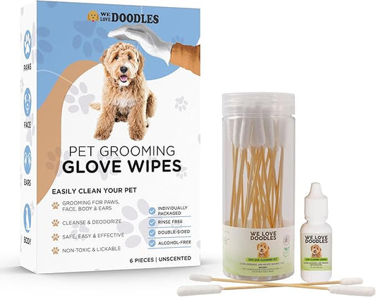 We Love Doodles Dog Gloves Wipes & Dog Ear Cleaning Solution Kit Bundle - Pet Bathing Wipes for Dogs, Paws, Face, Body, Ears, Prevent Infections, Organic, Made in USA, Ear Drops for Dogs