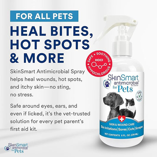SkinSmart Antimicrobial Wound Care for Pets, Hypochlorous Acid Removes Bacteria to Promote Healing and Relieves Itch, Safe if Licked, 8 Ounce Spray Bottle