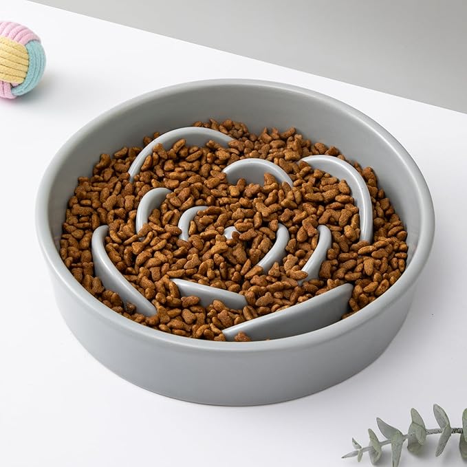 8.25'' Ceramic Slow Feeder Dog Bowls - Petal Shape Modern Dog Food Dish for Medium and Large Breeds, Puzzle Maze Bowl to Slow Down Eating, Anti-Gulping, Dishwasher & Microwave Safe, Grey