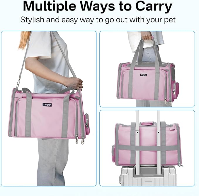 Expandable Cat Carrier, Airline Approved Soft Sided Pet Carrier for Cats & Small Dogs Up to 15 lbs, with Locking Safety Zippers & Cozy Fleece Pad, Portable for Car & Vet Visits, Pink