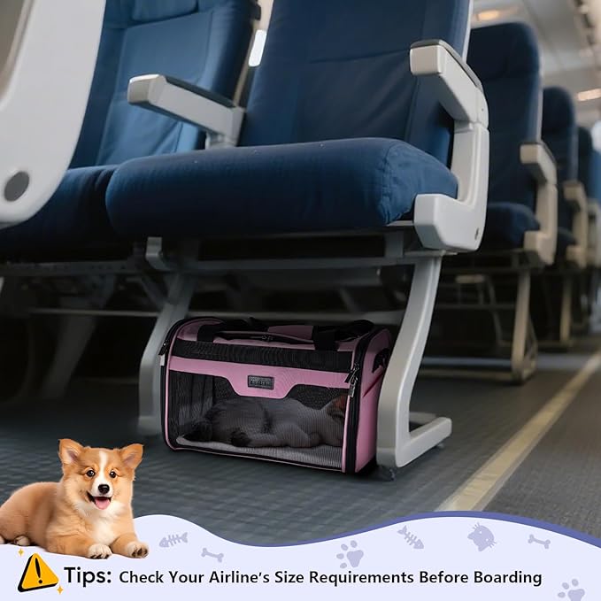 BALEINE Cat Carrier, Puppy Dog Carrier for Small Medium Pets Up to 15 Lbs, Soft-Sided Dog Travel Bag with Safety Zippers, Collapsible Pet Carrying Case (Pink, L, 17"x11"x11")