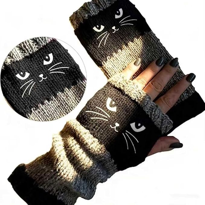 Fingerless Cat Gloves, Cute Cat Embroidery - Cat Embroidery Splicing Knitted Gloves, Warm Casual Women's Glove