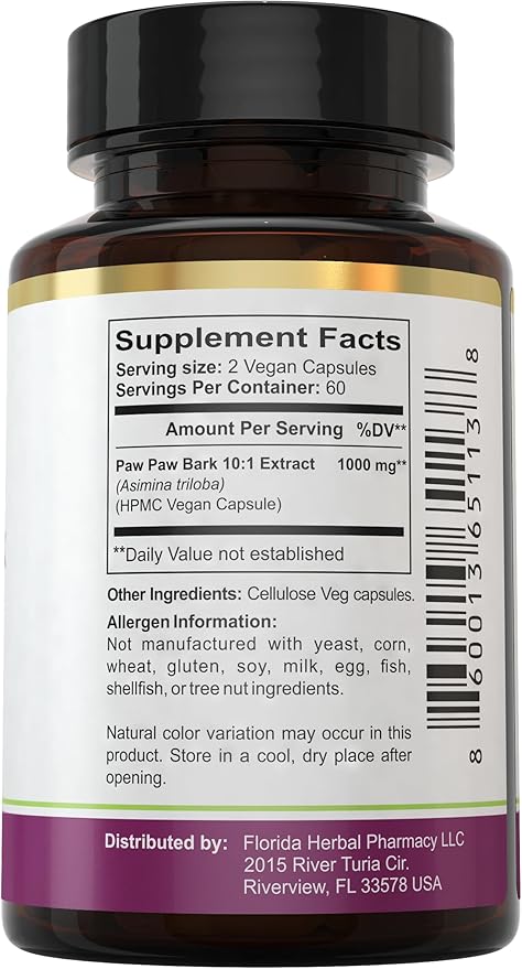 Florida Herbal Pharmacy, Paw Paw Extract Supplement Capsules 10:1 (120 Capsules) 500 mg per Capsule, 1000 mg Serving (Pack of 1)