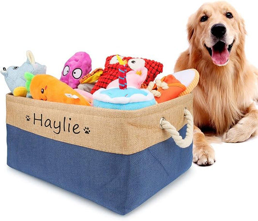 Dog Toy Box Storage Basket Bin with Personalized Custom Pet's Name Collapsible Rectangular Storage Bag For Organizing Dogs cat Clothes，Shoes，Pet Accessories (Dark blue, L)