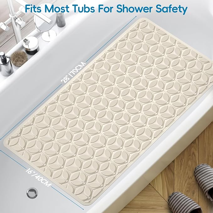 WRISIN Bathtub Mat Non Slip with Suction Cups - 100% Rubber Bathroom Mat Textured for Bath Tub Shower Safety - Soft on Touch - BPA/PVC Free - Pet Dog Bath Mat - Machine Washable - 16 × 28 Inch（Beige）
