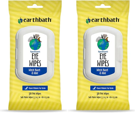 earthbath, Hypo-Allergenic Pet Eye Wipes - Fragrance Free Tear Stain Remover for Dogs Cats, Puppies and Kittens, Made in USA, 100% Cruelty Free - 30 Count (2 Pack)