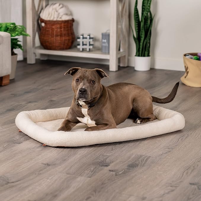 Furhaven Dog Bed for Large/Medium Dogs, 100% Washable, Sized to Fit Crates - Sherpa Fleece Bolster Crate Pad - Cream, Large