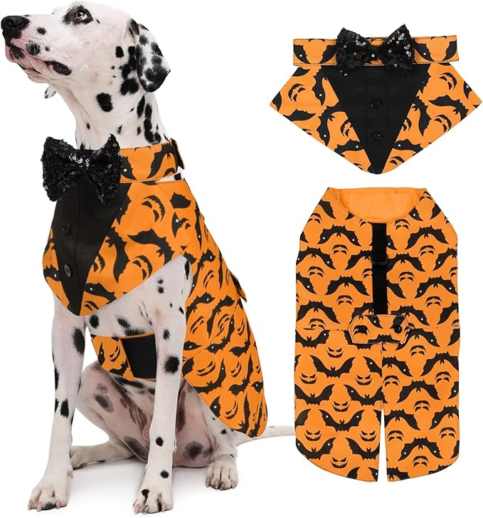 Kuoser Dog Tuxedo Suit and Bandana Set, Bat Pumpkin Print Dogs Halloween Outfit Adjustable Dog Halloween Costume with Bow Tie for Large Medium Small Dogs Golden Retriever Samo Bulldogs, Orange 2XL