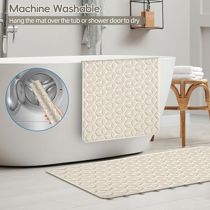 WRISIN Bathtub Mat Non Slip with Suction Cups - 100% Rubber Bathroom Mat Textured for Bath Tub Shower Safety - Soft on Touch - BPA/PVC Free - Pet Dog Bath Mat - Machine Washable - 16 × 28 Inch（Beige）