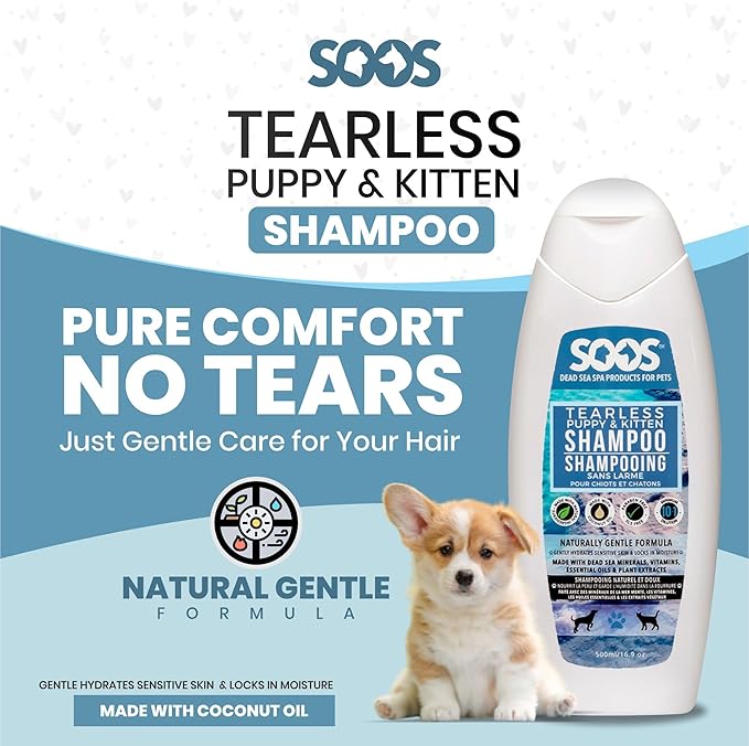 Soos Pet Tear-Less Shampoo for Puppies and Kittens | Natural Dead Sea Minerals | Fast Absorbing, Moisturizing, Gentle Skin Care | Vitamins & Essential Oils for Sensitive Skin - 500ml
