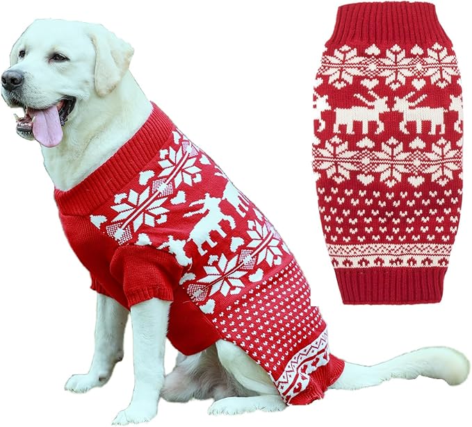 Lanyarco Red Reindeer Large Christmas Dog Sweater, Knit Winter Holiday Festive Pet Dog Christmas Sweaters for Large Breeds Dogs, XXX-Large (3XL) Size 25" Back