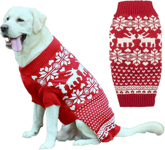 Lanyarco Red Reindeer Large Christmas Dog Sweater, Knit Winter Holiday Festive Pet Dog Christmas Sweaters for Large Breeds Dogs, XXX-Large (3XL) Size 25" Back