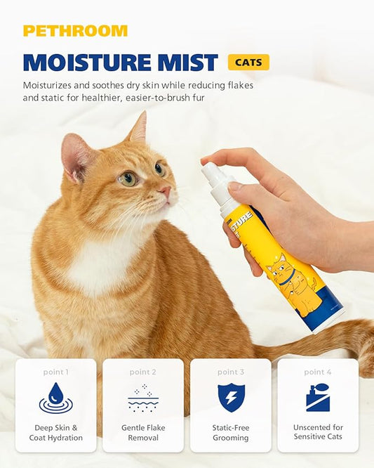 PETHROOM] Unscented Cat Moisture Mist – Natural Leave-In Conditioner Spray for Cats – 95% Plant Extracts– Hydrating, Detangling, Static & Dander Control, 100% EWG Green