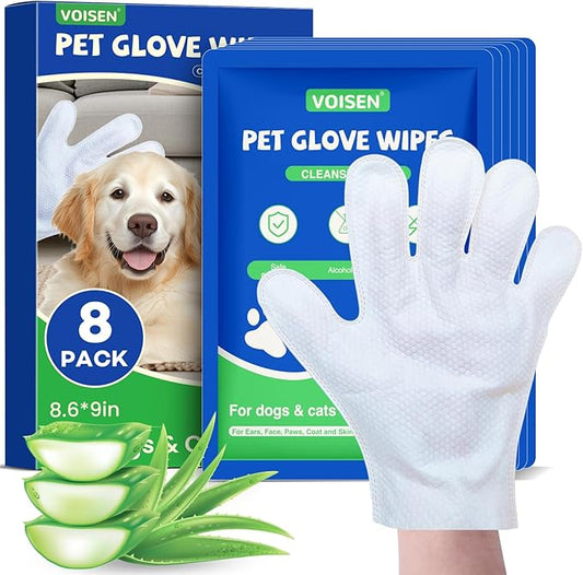 VOISEN 8 Pcs Pet Glove Wipes for Dogs and Cats, Cleaning & Deodorizing Bathing Grooming Wipes,Unscented Thick Nourish Fur Glove Wipes for Pet Dry Cleaning,Daily Care and Travel