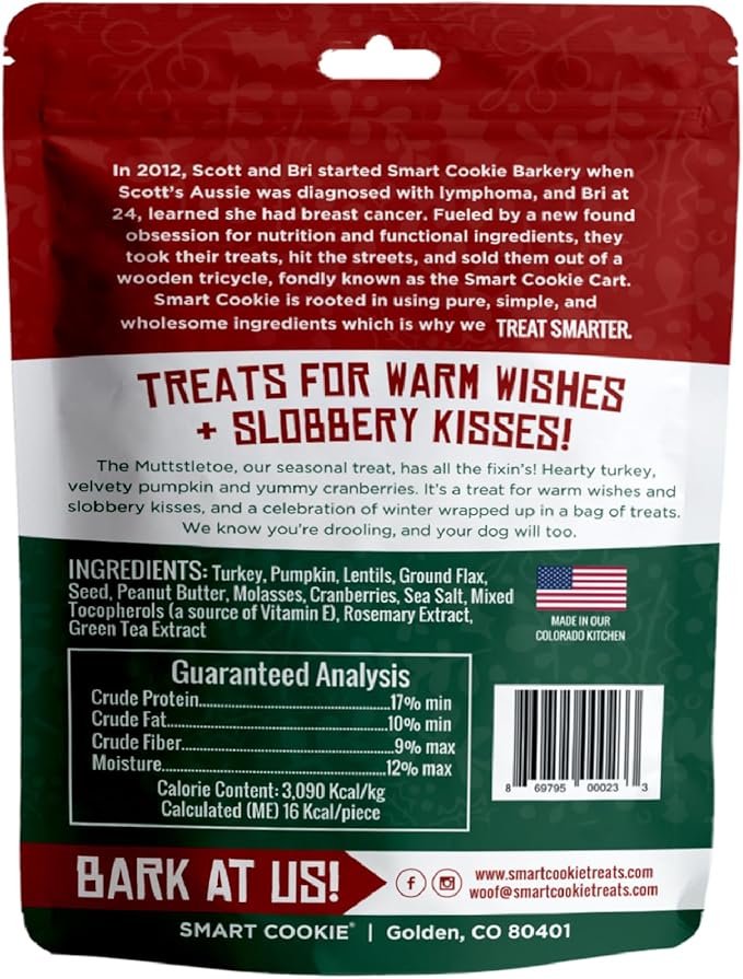 Smart Cookie Muttstletoe Holiday Dog Treats - Turkey, Pumpkin and Cranberry Christmas Dog Treats - Healthy, All Natural, Grain Free, Human-Grade - Made in USA - 8oz