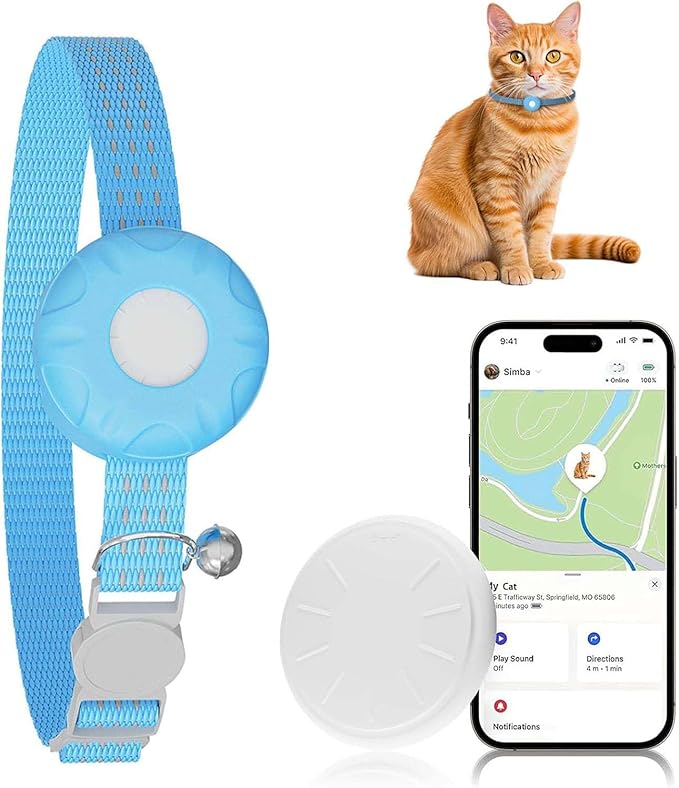 Smart Cat GPS Tracker, Cat Tracker Collar with Safety Elastic Buckle, Compatible with Apple Find My App (Only iOS), No Monthly Fee, Waterproof (White Tracker, Blue Cat Collar)