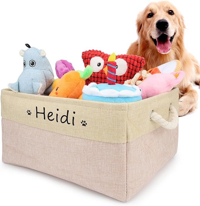 Dog Toy Box Storage Basket Bin with Personalized Custom Pet's Name Collapsible Rectangular Storage Bag For Organizing Dogs cat Clothes，Shoes，Pet Accessories (Pink, M)