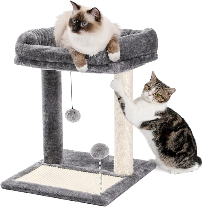 Cat Tree Scratching Post with Soft Perch Nest Sisal-Covered Scratch Posts and Pads, and Cat Toy with Two Plush Balls ls Perfect for Playing with Kittens and Cats