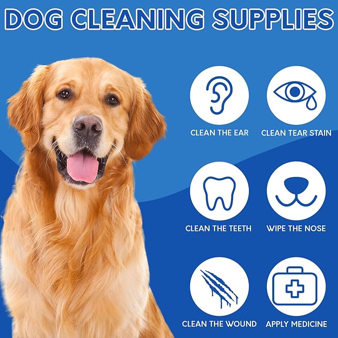 150 Long Cotton Swabs and 200 Lint-Free Cleaning Wipes, Highly Absorbent Dog Ear Cleaning Kit in Storage Box, Compatible with Dog Ear Cleaners, Large Cotton Head Swabs Design for Daily Puppy/Cat care