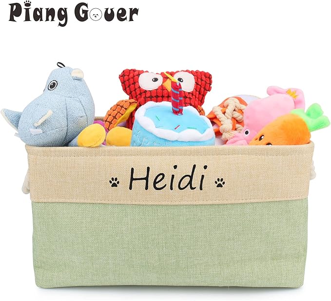 Dog Toy Box Storage Basket Bin with Personalized Custom Pet's Name Collapsible Rectangular Storage Bag For Organizing Dogs cat Clothes，Shoes，Pet Accessories (Green, S)