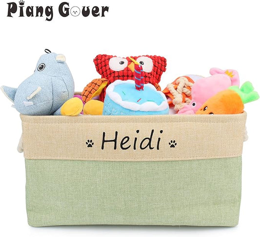 Dog Toy Box Storage Basket Bin with Personalized Custom Pet's Name Collapsible Rectangular Storage Bag For Organizing Dogs cat Clothes，Shoes，Pet Accessories (Green, S)