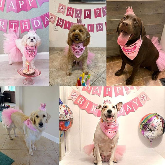ADOGGYGO Dog Birthday Hat Bandana Girl - Pet Birthday Party Supplies - Pink Dog Tutu Hat Scarf Banner Set for Medium Large Dogs (Large)