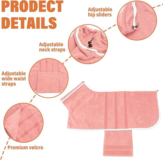 Dog Robe - Fast Drying Towel - Microfiber Super Absorbent Pet Bathrobe, Adjustable Collar & Belly Strap (Pink, X-Large)