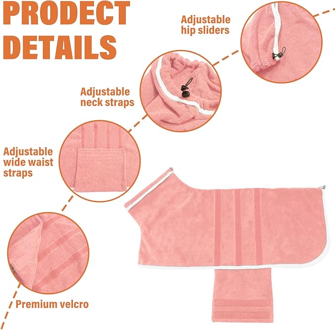 Dog Robe - Fast Drying Towel - Microfiber Super Absorbent Pet Bathrobe, Adjustable Collar & Belly Strap (Pink, Small)