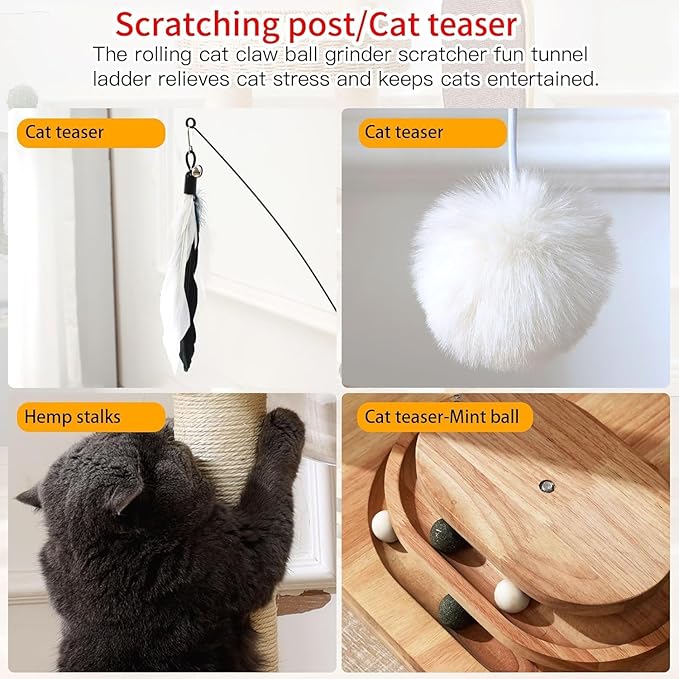 Wood Cat Tree Tower with Space Capsule, Hand-Woven Basket Nest, Feather Toy, Hanging Balls, Sisal Posts, 4-Tier Indoor Climbing 34 Inch Modern Cat Tree Tower for Kittens