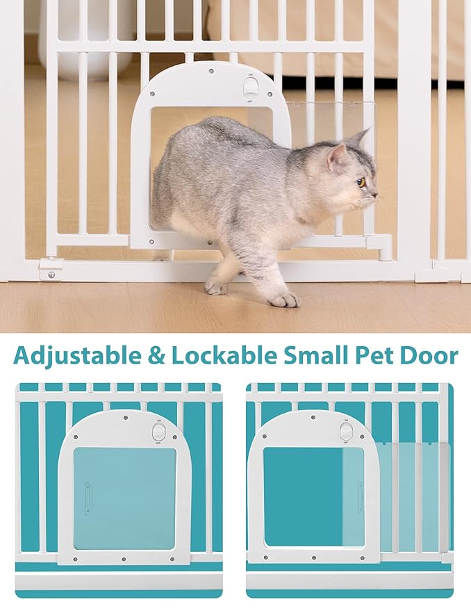 No Pawblems 55" Extra Tall Pet Gate with Adjustable Cat Door, 29-43" Auto Close Tall Dog Gate, NO Drilling Pressure Mounted for Doorways/Hallways, 1.37" Narrow Bar Spacing, White