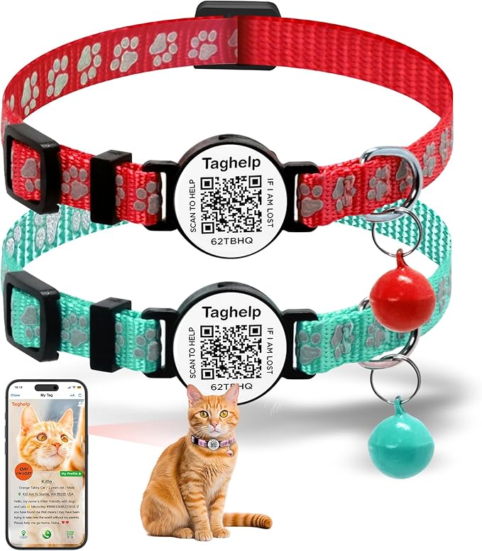 Christmas 2 Pack, Never Lose Your Cat's Info Again | Breakaway Collar with Scan-to-Contact QR Code Plate | Reflective, Bell & Fully Adjustable, 2-Pack Value (Red & Green)