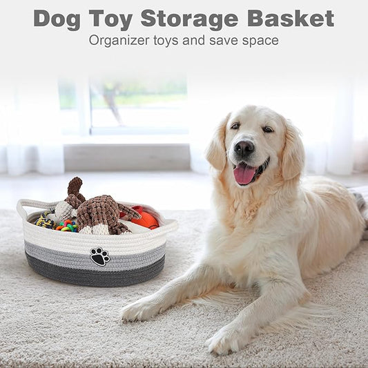 Dog Toy Basket, Toy Box and Bin for Dog Cat Storage, 13.5" X 11" X 5" Small Woven Rope Basket for Baby Storage, Closet, Living Room, White & Grey